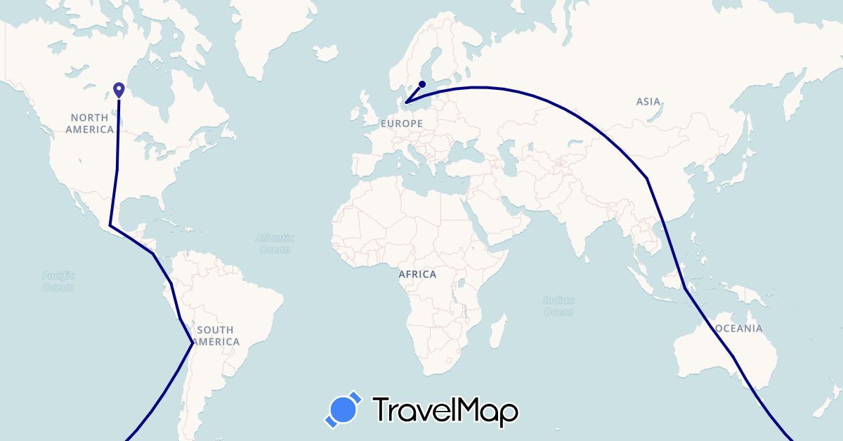 TravelMap itinerary: driving in Australia, Canada, Chile, China, Costa Rica, Denmark, Ecuador, Indonesia, Mexico, Peru, Sweden, United States (Asia, Europe, North America, Oceania, South America)